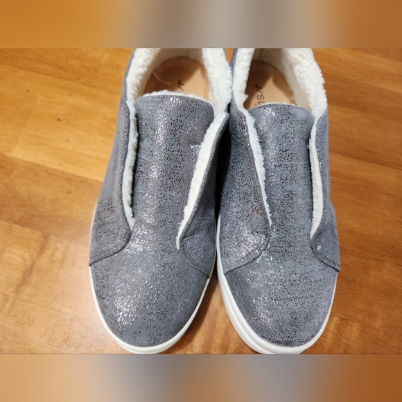 J/Slides Nada Pewter Metallic Suede Slip On Platform Shoes Faux Shearling Suede - Picture 7 of 11